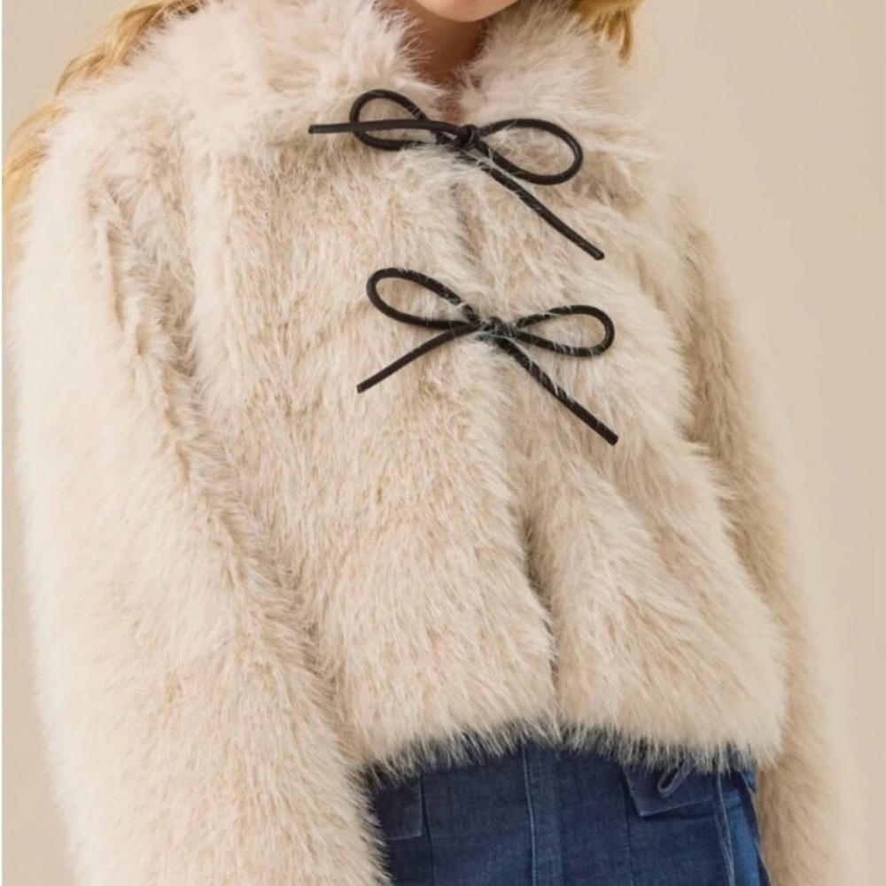Altar'd State Soft Cream Teddy Jacket with Black Ties